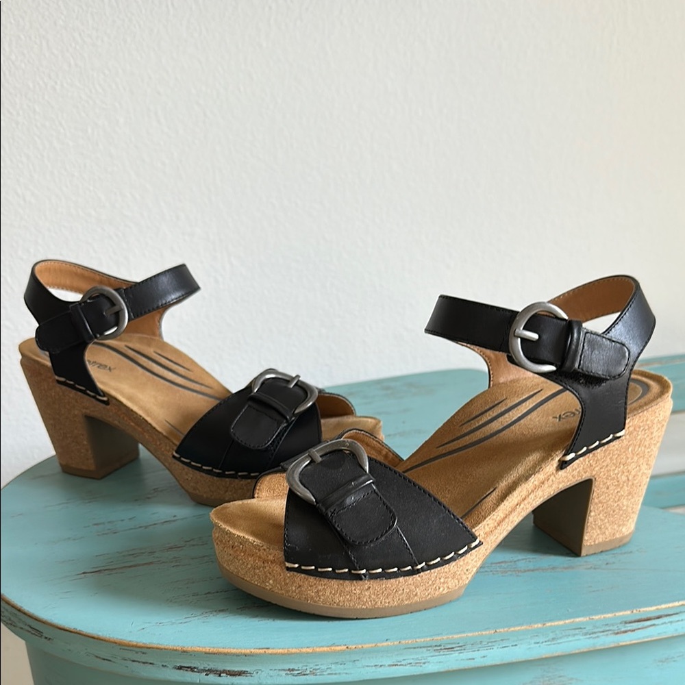 Black Leather Cork Heel Women's Sandals